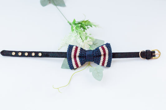 Blue Knitted Bow Dog Collar