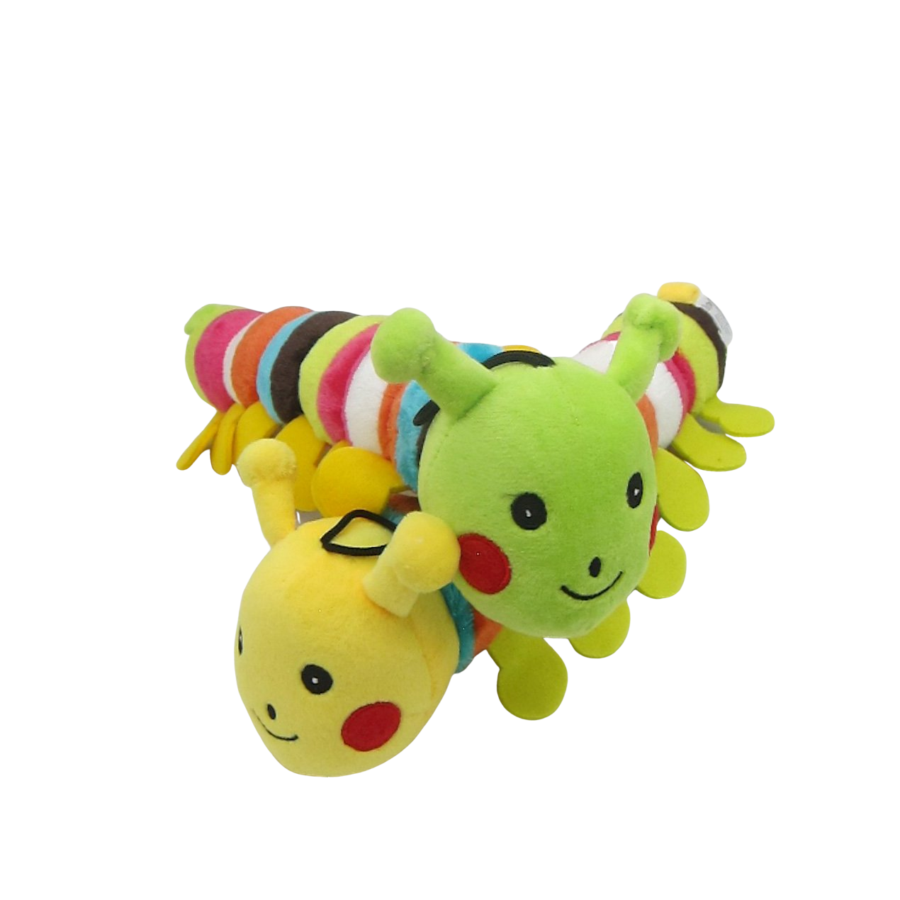 Yellow and green plush caterpillar squeak dog toy