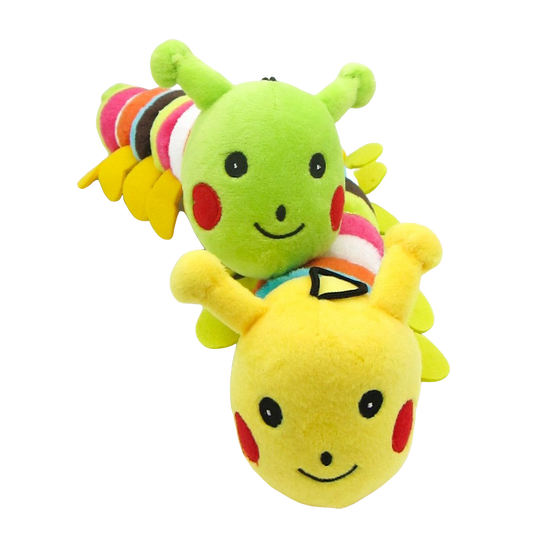 Yellow and green plush caterpillar squeak dog toy