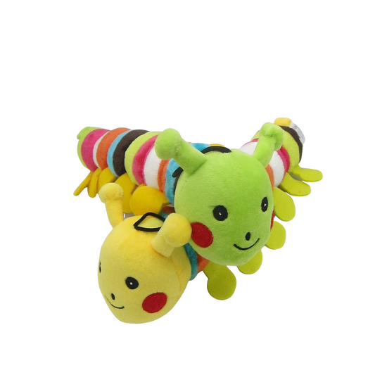 Yellow and green plush caterpillar squeak dog toy