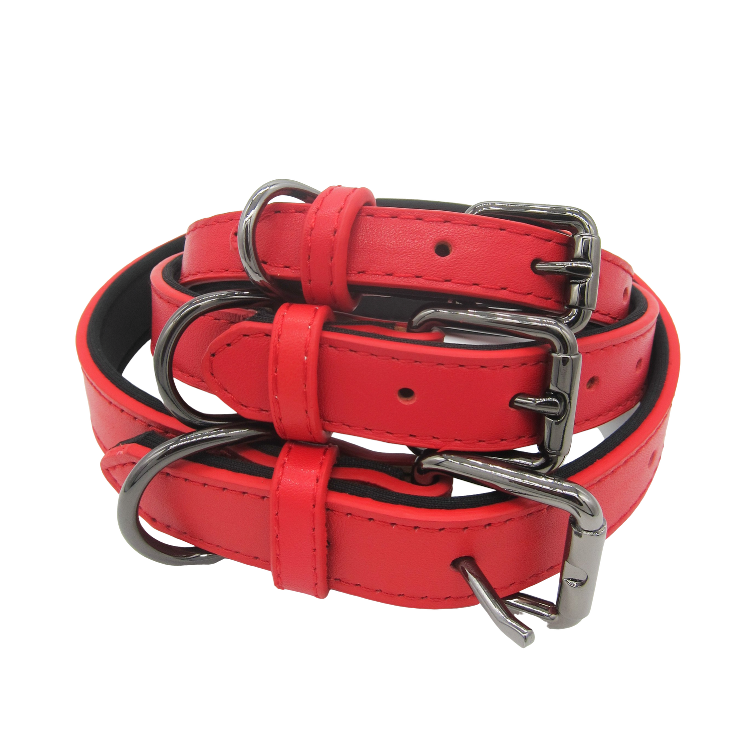 Stacked red leather collars in small, medium, and large