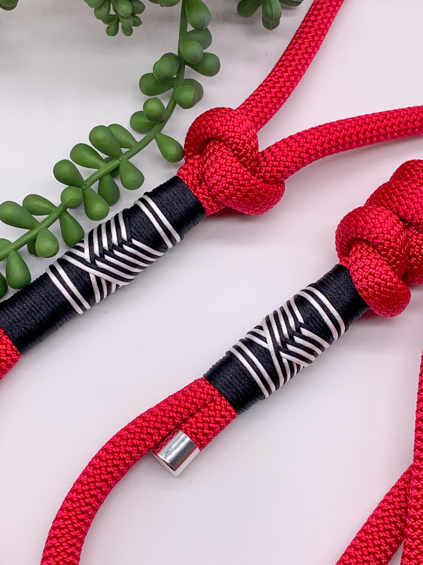 Red PPM rope leash with black and white accent thread in a chevron pattern and silver hardware. 