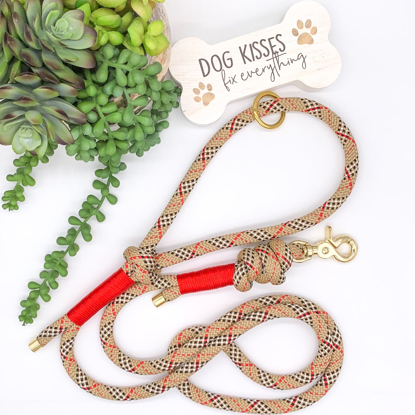 Beige tartan plaid PPM rope dog leash with red accent thread and light gold hardware. 