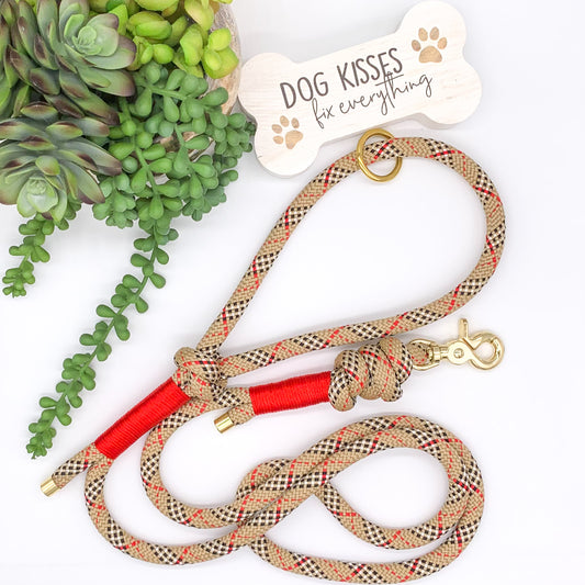 Beige tartan plaid PPM rope dog leash with red accent thread and light gold hardware. 