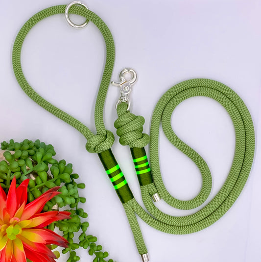 Green nylon rope leash with green accen thread and silver hardware. 